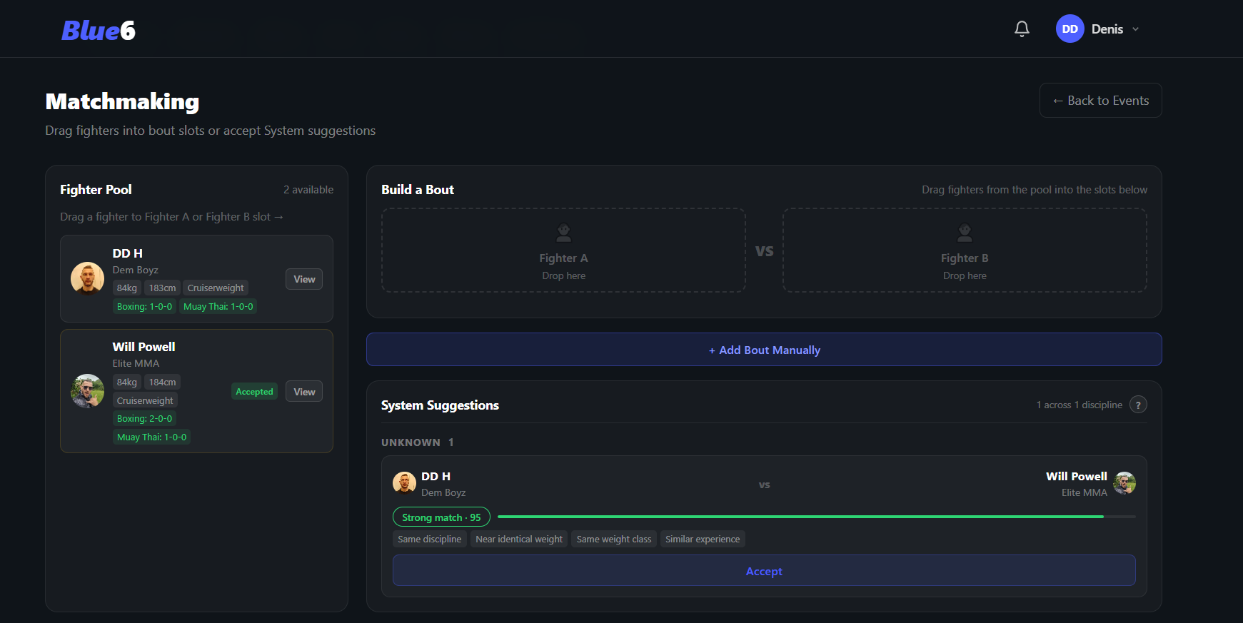 Blue6 matchmaking view showing fighter pool, bout builder and system suggestions